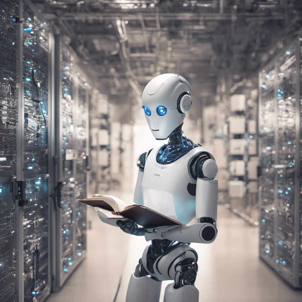 A robot is learning how to speak by reading a book within a server farm.